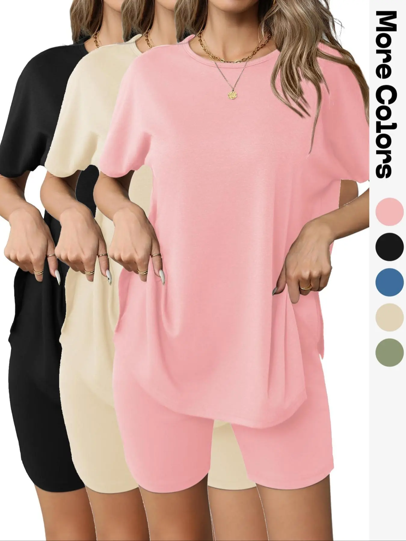 Women's Solid Color Tee & Skinny Shorts Loungewear Two/Six-piece Set, Casual Comfy Round Neck Short Sleeve T-shirt & Skinny Shorts PJ Set, Ladies Sleepwear for All Seasons, Pajamas