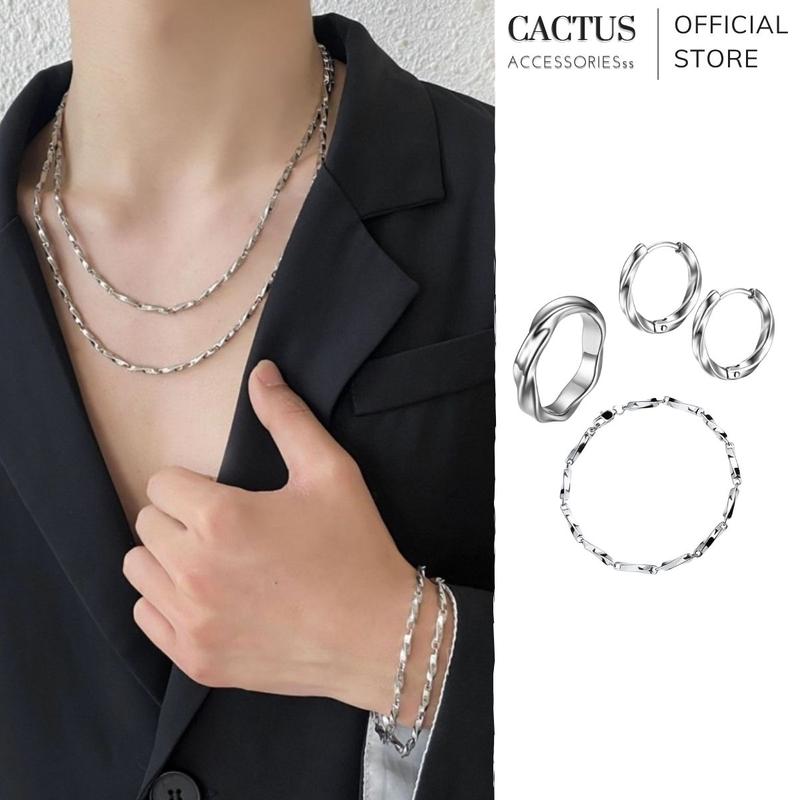 Combo 4 Món Cactus Accessories Dây Chuyền Vòng Tay Nhẫn Khuyên Tai Xoắn Thép Titan Không Gỉ Unisex