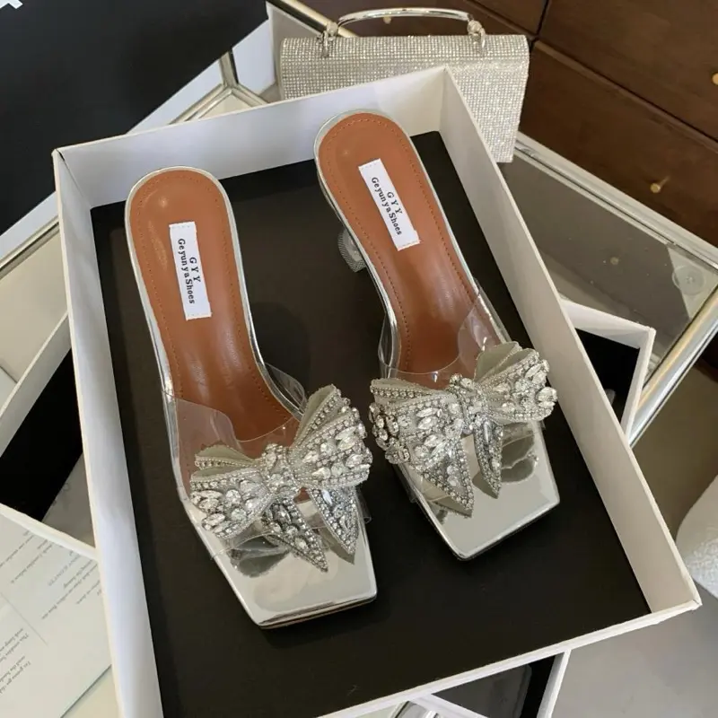 Guốc quai trong đính nơ mẫu mới mũi vuông 7-9cm . Phù hợp đi chơi đo tiệc cưới Nữ DéP Đồng GiàY Shoes 5