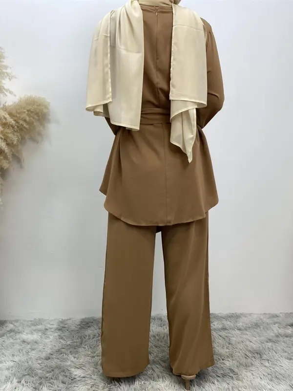 Two-Piece Set Women's Solid Zip Up Belted Top & Wide Leg Pants Two-piece Set, Modest Long Sleeve Round Neck Top & Trousers for Daily Wear, Ladies Fall Clothes 4