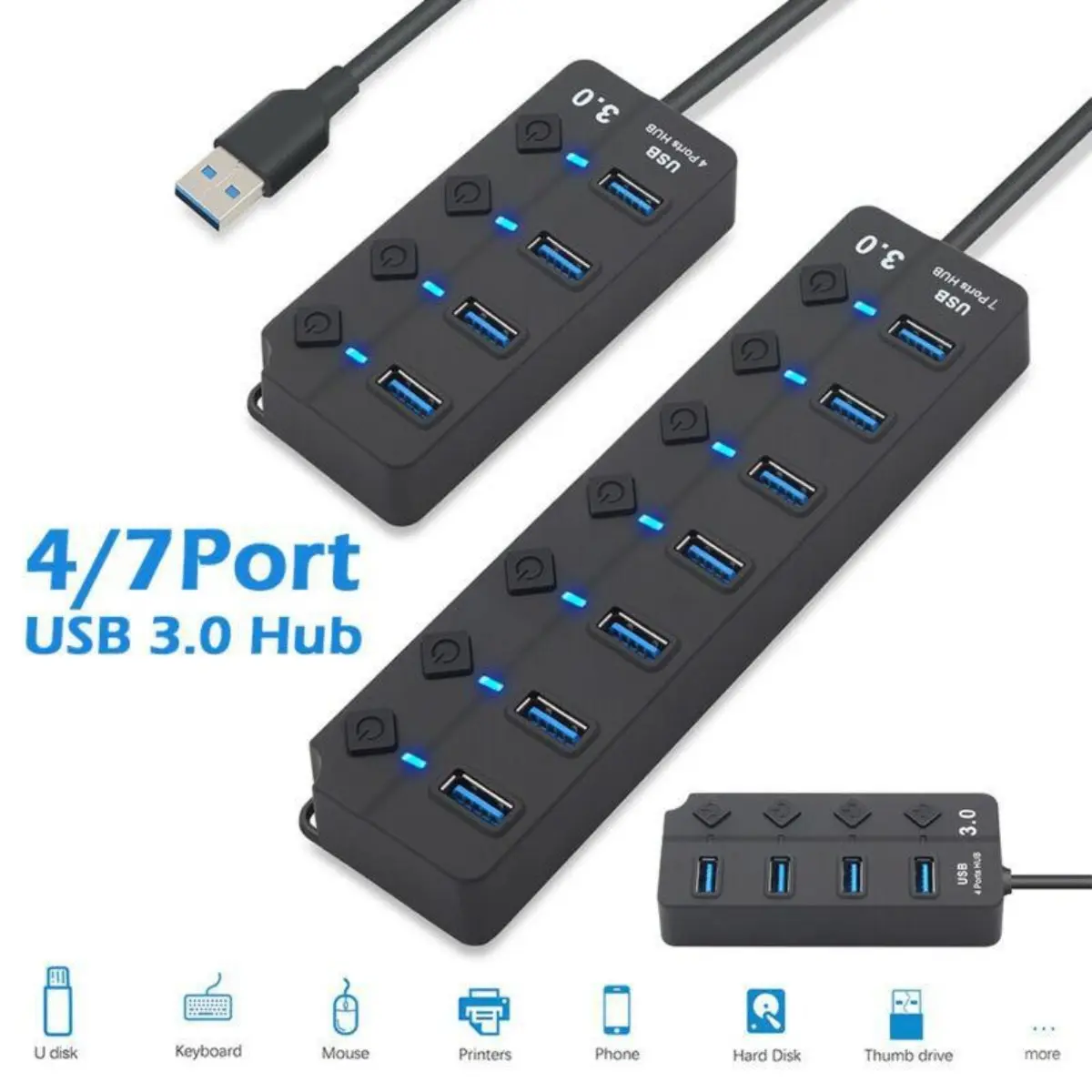 Ổ chia đa USB tốc độ cực cao, Bộ mở rộng truyền dữ liệu 4 / 7 cổng, với công tắc độc lập, đèn nguồn LED, Cầm Tay Phiên bản 2.0 / 3 USB .0, Mới, năm 2023
