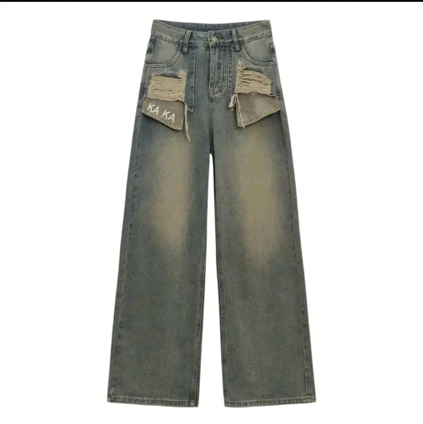 Quần bò jeans ống rộng xuông thêu KAKA cạp cao hack dáng Nữ Ong Women Pants