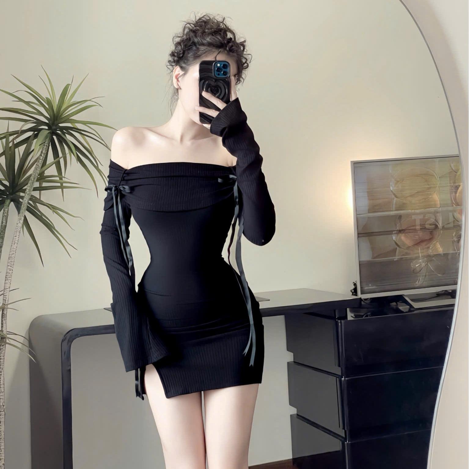 [MAISEY 2304] ĐẦM THUN ÔM BODY TRỄ VAI CHI TIẾT NƠ CÁ TÍNH
