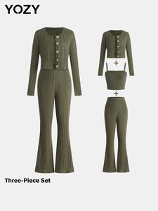 YOZY Women's Solid Ribbed Button Front Outerwear & Crop Cami Top & Flare Leg Pants Three-piece Set, Casual Fashion Cozy Outfits for Daily Outdoor Wear, Ladies Clothes for All Seasons