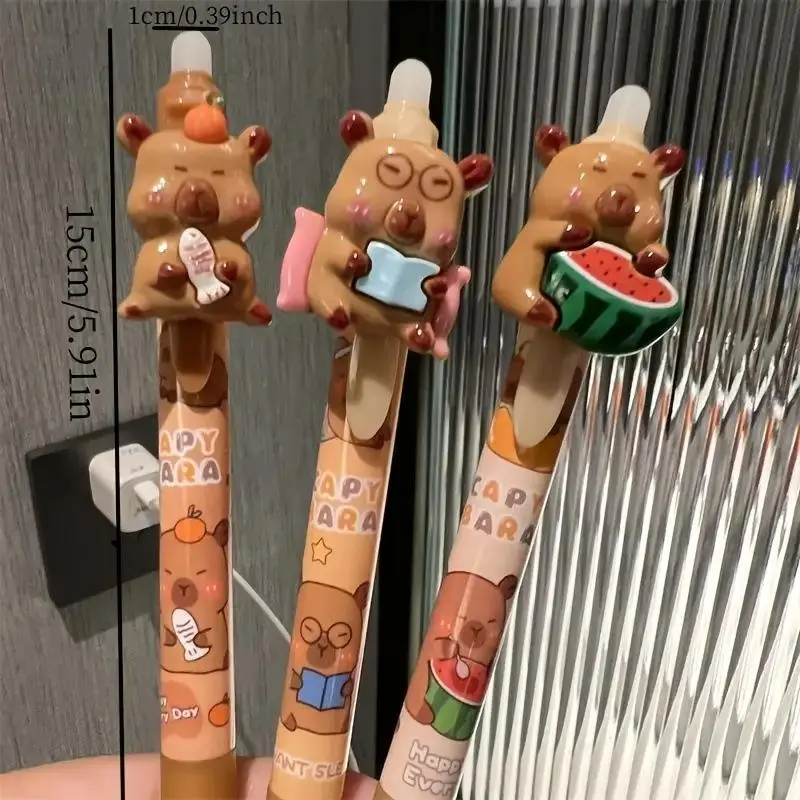 Random Color Cute Capybara Design Erasable Pen (3 Counts), Retractable 0.5mm Erasable Ink Pen, Lightweight Comfortable to Hold Writing Tool for School & Office 1