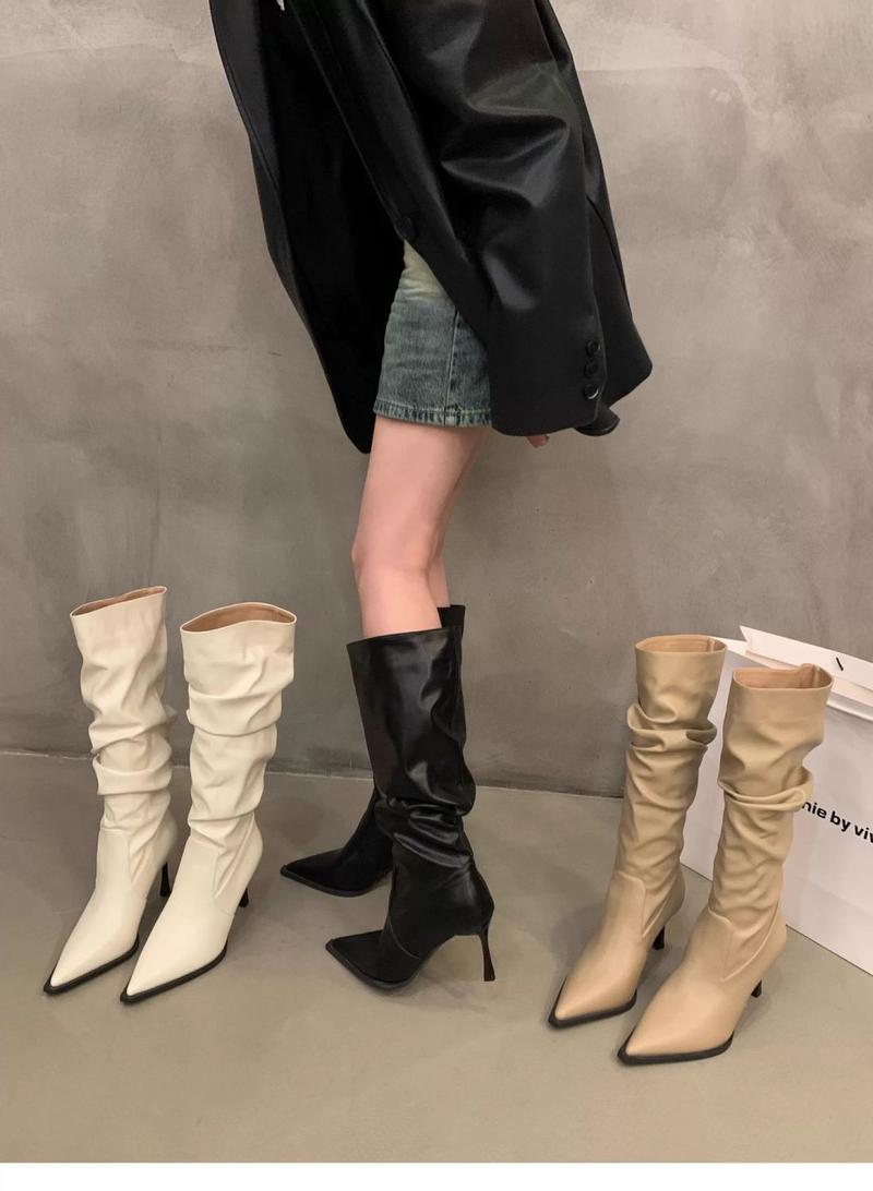 Product Introduction of 2025 Pointed Toe White High-Heeled Western Boots Female Boots New Spring Summer Slimming Pile Style Knight Spring And Autumn Boots 3