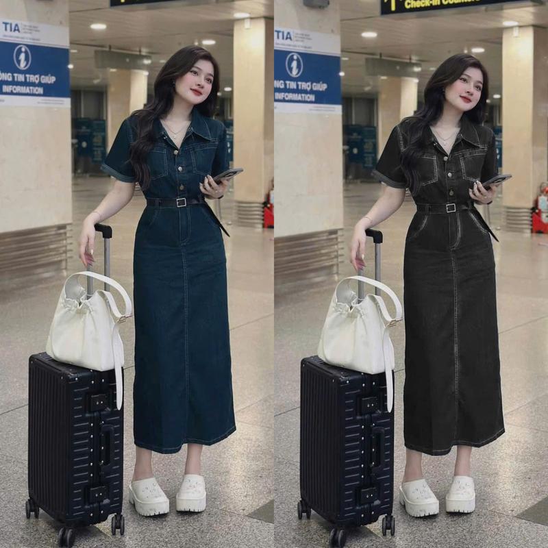 D766 (TÁO ĐỎ BIGSIZE 55-90KG) ĐẦM JEAN BIGSIZE ĐẦM JEAN DÁNG DÀI TAY NGẮN KÈM NỊT