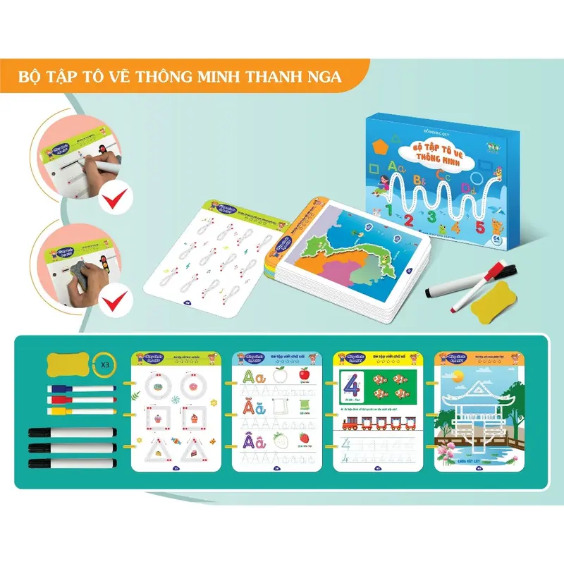 Sách - Bộ tập tô vẽ thông minh xóa được 64 trang kèm bút dạ - Đồ chơi Giáo Dục cho bé từ 1-5 tuổi Thanh Nga 3