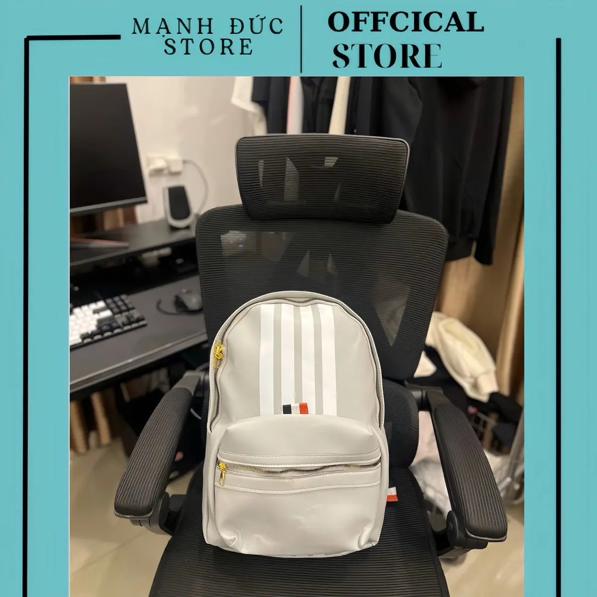 Balo THOM 4 Sọc Trắng Màu Xám Đeo Vai Backpack Da