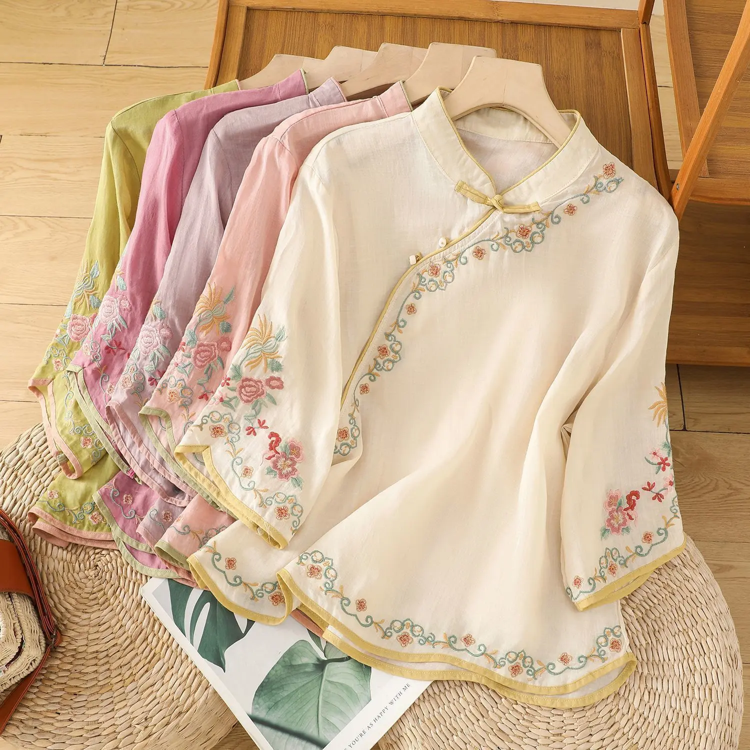 Áo Sơ Mi Vải Lanh Và Cotton Thêu Phong Cách Trung Quốc Hàng Mới Về Năm 2025, Áo Cổ Điển Nghệ Thuật Cho Nữ, Có Khóa, Thích Hợp Cho Mùa Hè, Quần Áo Trà Đeo Chéo, Phong Cách Trung Quốc