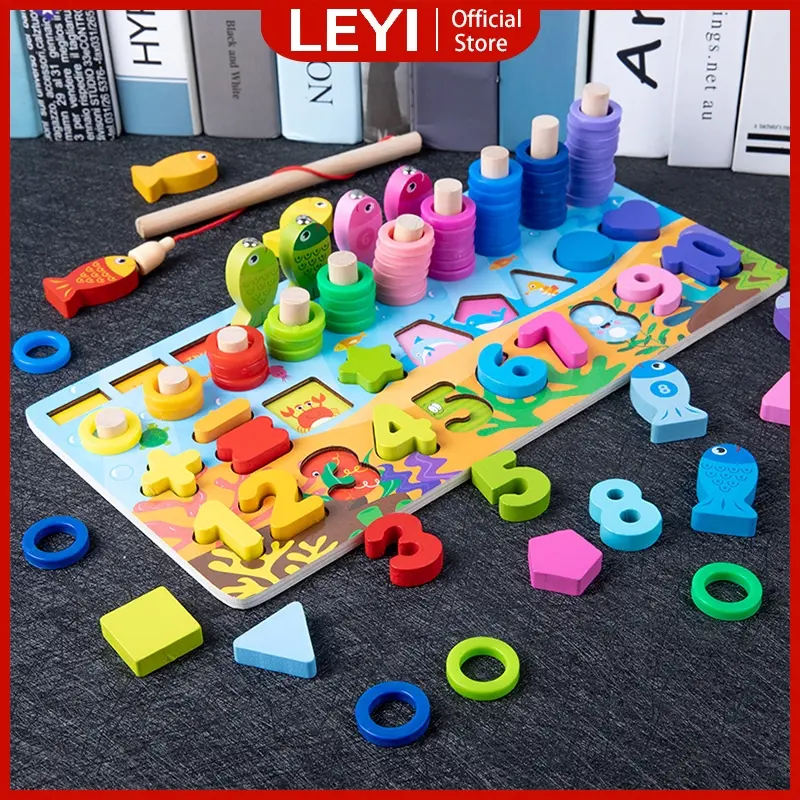 LEYl Puzzle Kayu Mainan Edukasi 8 in 1 Montessori Anak Wooden Mainan Pancing lkan Huruf dan Angka