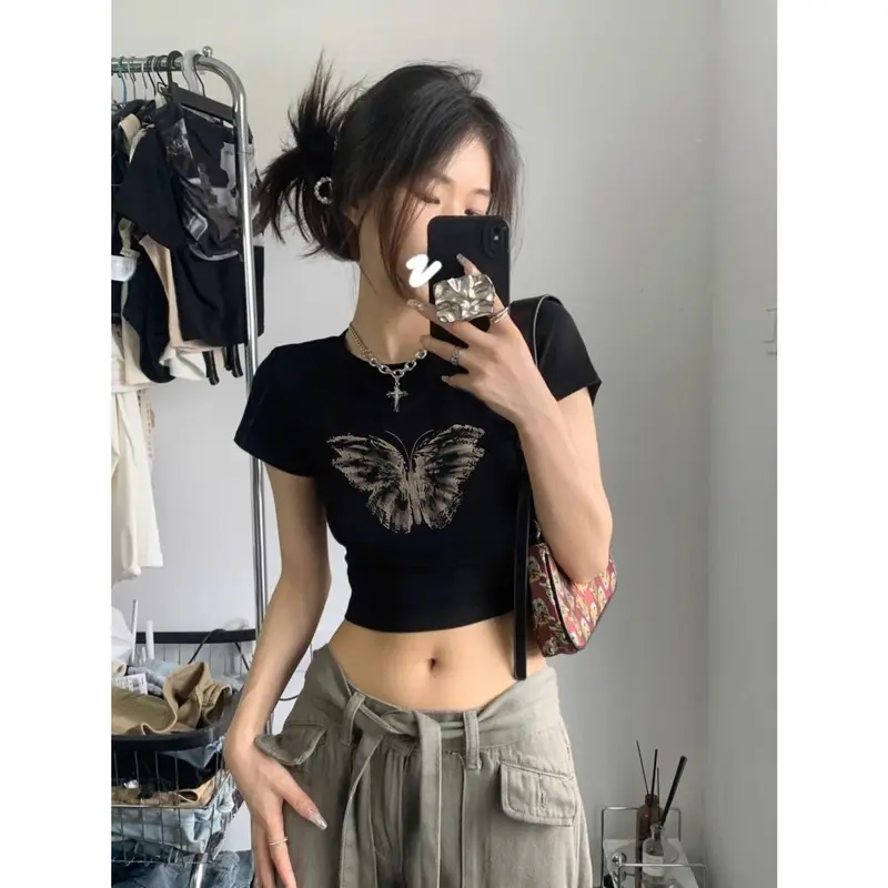 Áo Crop-Top, Áo Phông ngắn Tay Áo, Hàng Mới Về Mùa Hè Của Phụ Nữ, Thiết Kế Bướm Dễ Thương Và Gợi Cảm, Tay Lửng Áo, Áo Lớp Cơ Sở, Mỏng Vừa Vặn, Áo Bó Sát, Bán Chạy, Phong Cách Ins, Năm 2025 0