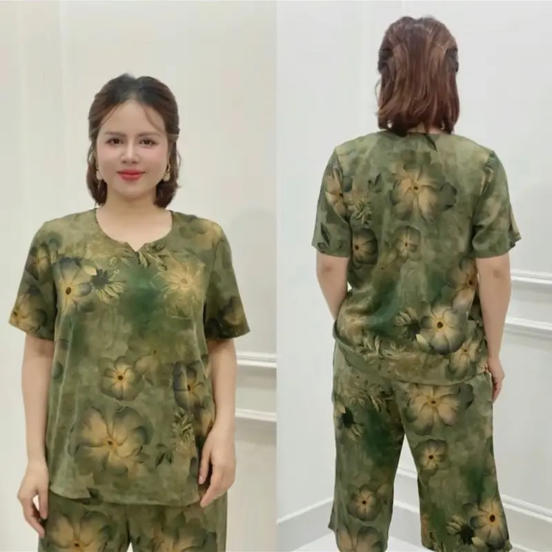 Đồ bộ trung niên, đồ bộ mặc ở nhà cho các mẹ quần lửng, chất lụa nhập co dãn thoải mái