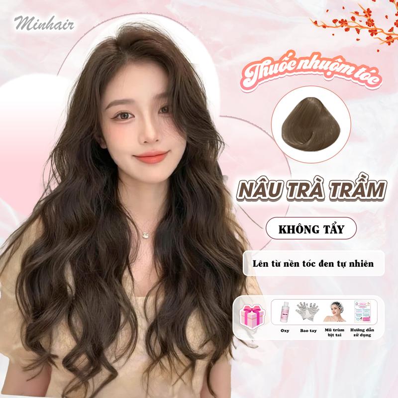 Thuốc Nhuộm Tóc Màu NÂU TRÀ TRẦM, Không Tẩy - Minhair tặng kèm bao tay, bịt tai, trùm tóc Nam Nữ