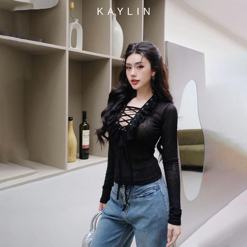 Áo Kiểu KAYLIN Tay Dài Cổ V Phối Bèo Đan Dây Chất Vải Thun Nhung Co Giản Phong Cách Gợi Cảm - N2399 Nữ Top