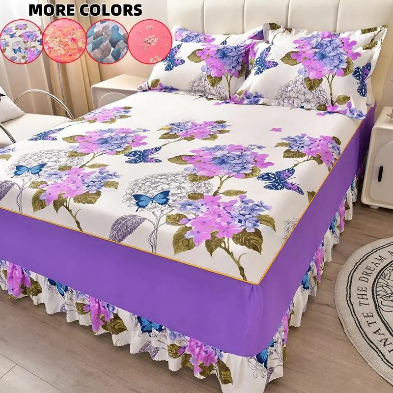 Floral Print Ruffled Edge Bed Skirt Set, 2/3 Counts/set Including 1 Count Bed Skirt & 1/2 Counts Pillowcase without Filler, Soft Comfortable Breathable Bedding Set, Christmas Gifts, Christmas Decorations