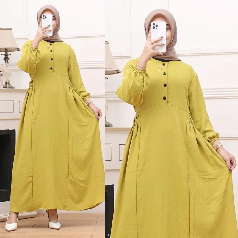 Dauni Store Gamis Terbaru Bahan Crinkle Airflow Polos Mewah 2023 Hitam Putih Navy Cokelat Kantong Lembut Muslim Panjang Kancing Dress Samping Tebal 7