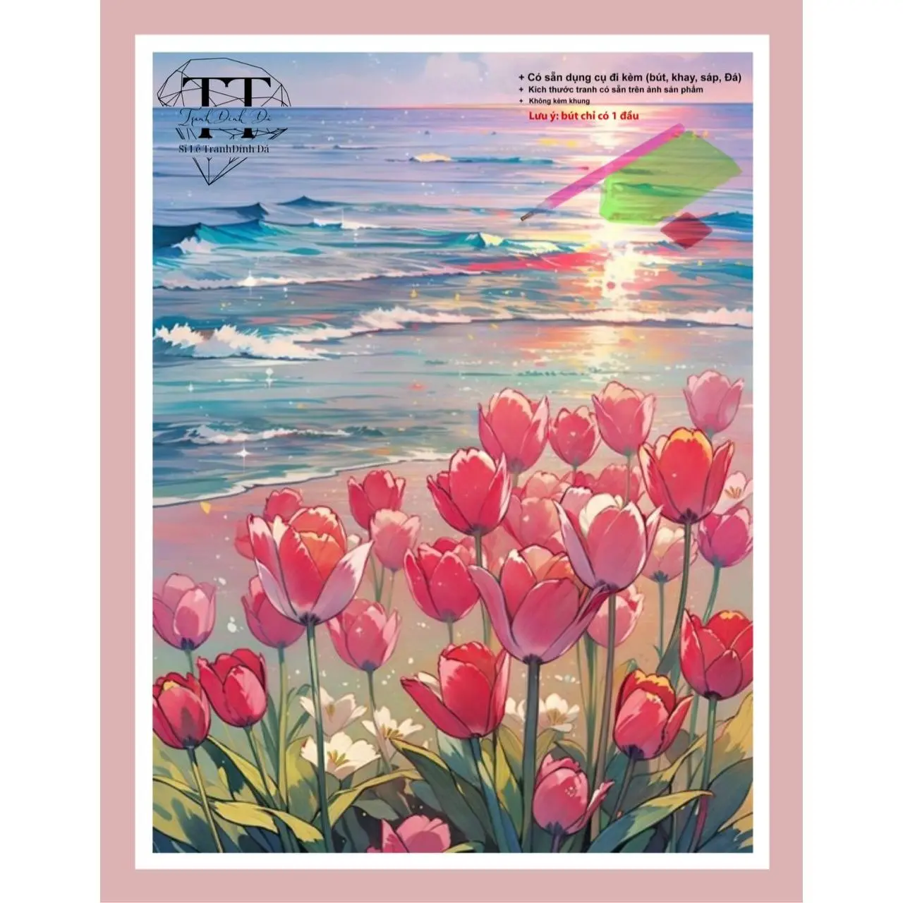 Tranh đính đá tự hoàn thành 5D kích thước 30x40cm  Biển và Hoa Tulip H192 Làm Đồ Thêu Chữ