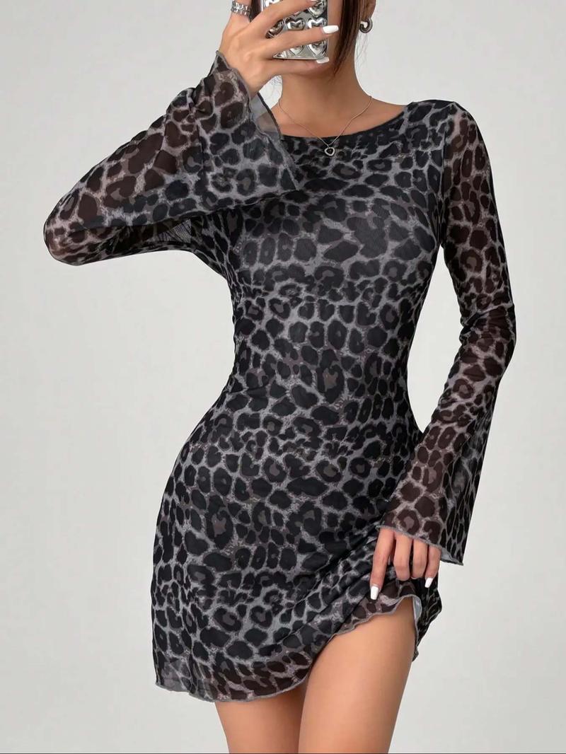 Product Introduction of Women's Leopard Print Backless Mesh Dress, Fashion Casual Boat Neck Flounce Sleeve Short Dress for Daily Outdoor Wear, Women Dress for Spring Fall, Valentine's Day Gift for Girl, Dresses for Women, Holiday Dresses 5