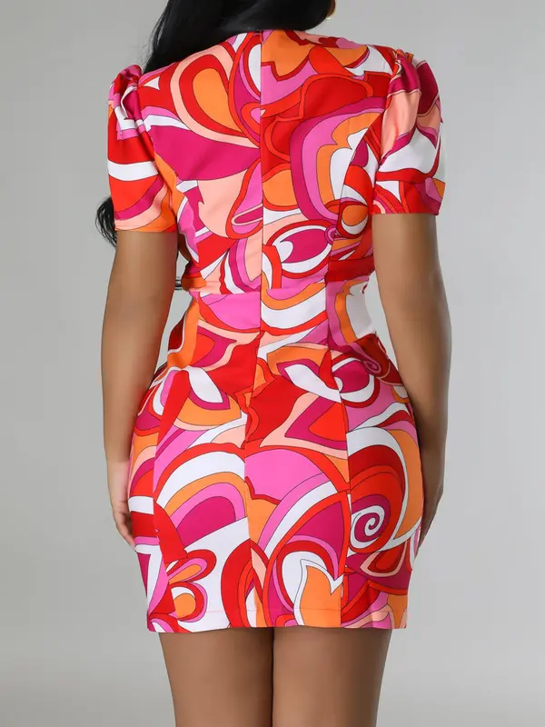 Women's All Over Print Wrap Double Button Puff Sleeve Bodycon Dress, Valentine's Day Elegant Sweetheart Neck Short Sleeve Dress for Party Holiday Wedding Guest, Gift, Ladies Summer Clothes 1