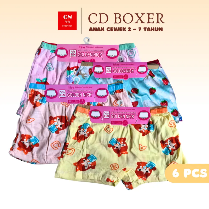 6 Pcs | Celana Dalam Boxer Anak Perempuan Usia 2-7 Tahun | Golden Nick 083 078 | Bahan Katun Full Print 4