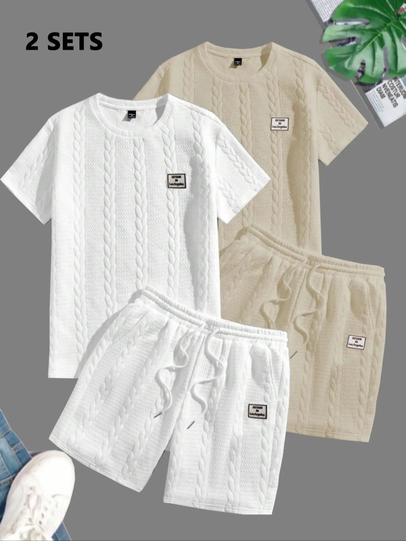Men's Solid Textured Patched Tee & Drawstring Waist Shorts Set, Regular Fit Casual Round Neck Short Sleeve T-shirt & Pocket Shorts, Men's Summer Clothes