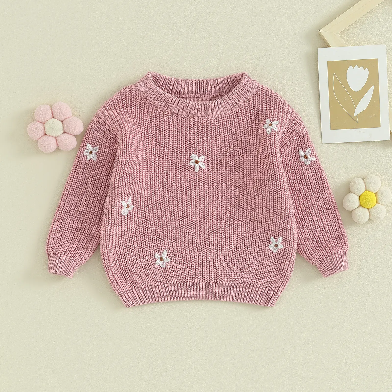 Toddler Girl Baby Autumn Sweater, Flower Jacquard Pattern Long Sleeve Round Neck Knitwear Pullover