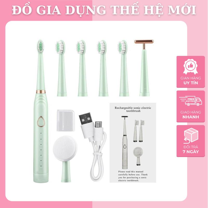 Bàn chải điện Sonic Q-188,bàn chải đánh răng máy rửa mặt kiêm mát xa 3 in 1 bản Plus 2024 Trắng Răng Silicon kemđánhrăng củatháicông kemđánhrăng củatháicông
