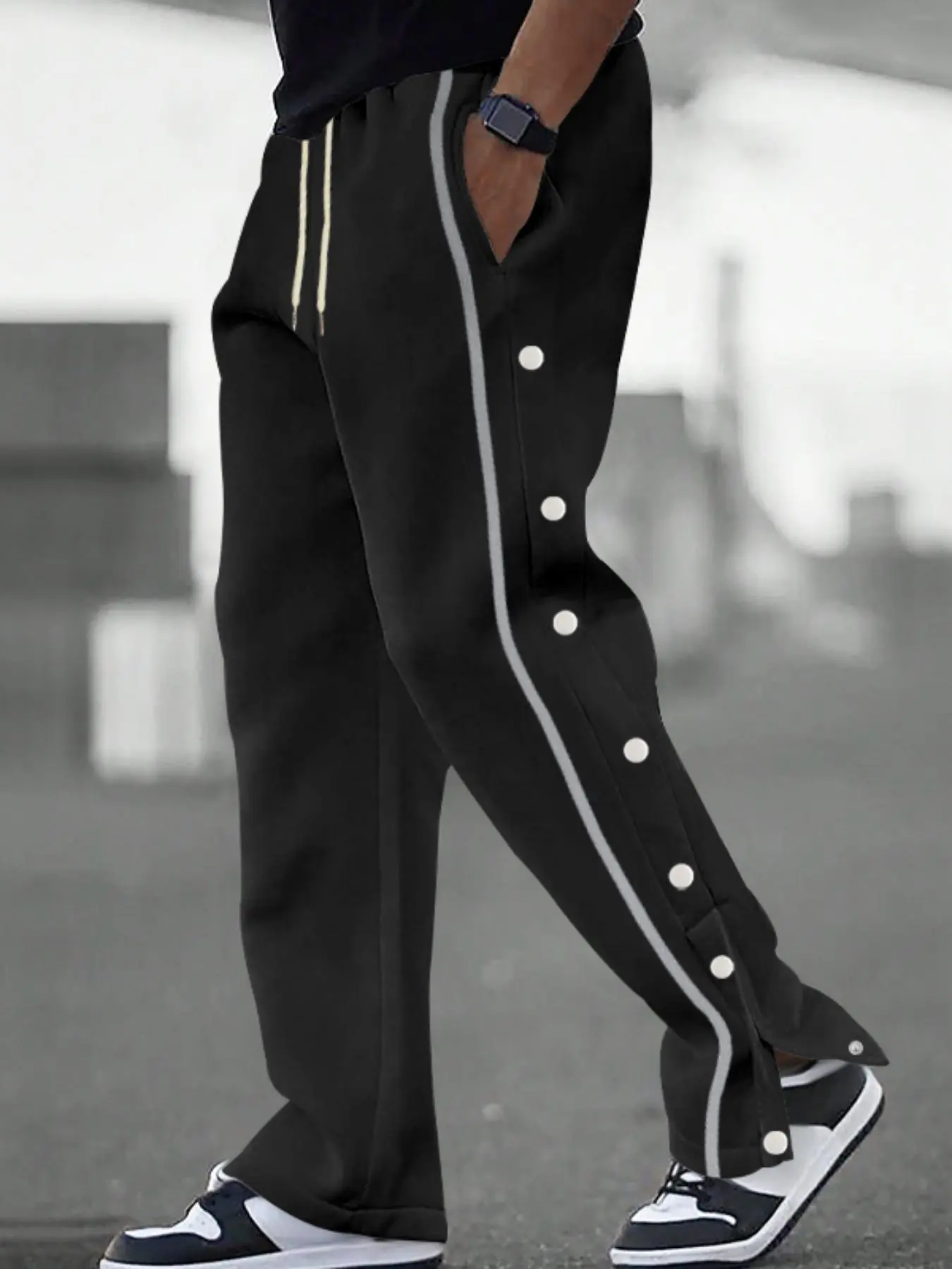 Men's Contrast Binding Button Side Straight Leg Pants, Regular Fit Casual Drawstring Pocket Trousers for Spring & Fall, Fashion Men's Bottoms for Daily Wear