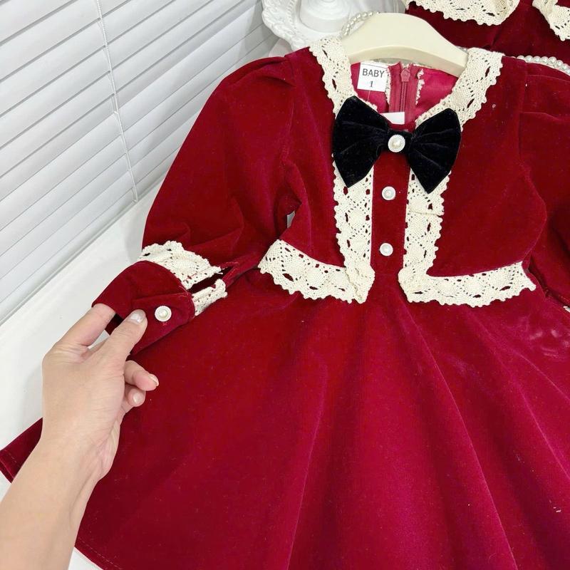 ￼Bộ thu đông bé gái,váy nhung 2 tầng cổ nơ phong cách tiểu thư cho bé diện noel, tết 2025 cho bé 10 - 20kg Moon Jonhny 5
