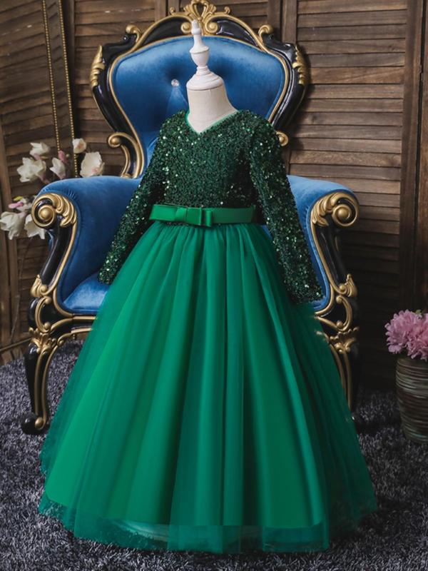 Girl's Long Sleeve V Neck Sequin Dress, Bow Front Fit & Flare Party Dress For Formal Occasions, Kids Clothes, Fashion Girl's Ball Gown For Spring & Fall 5