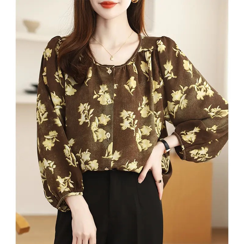 New Fashion High Quality Fabrics Loose 3/4 Sleeve Khaki Thailand Women Blouse Casual Travel Work Top Wanita Panjang Atasan 3