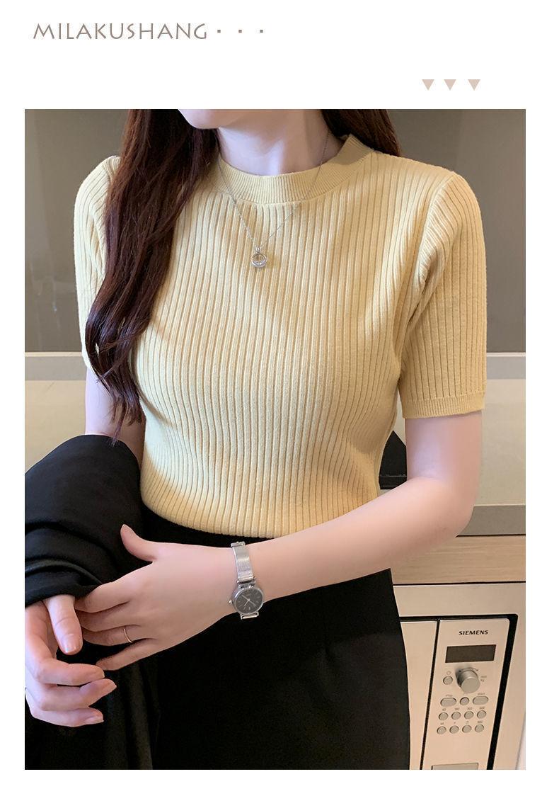 Product Introduction of Áo Dệt Kim, Dáng Ôm, Áo ngắn Tay, Áo Chui Đầu Nữ, Có Thể Mặc Bên Trong, Ngắn, Hàng Mới Về Mùa Hè 2024, Áo Sơ Mi Lớp Nền Cổ Tròn 18