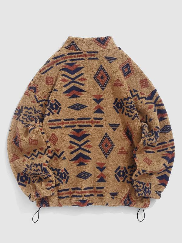 Women's Vintage Ethnic Pattern Drawstring Zip Up Coat, Fashion Cozy Drop Shoulder Long Sleeve Full Zip-up Teddy Outerwear, Trendy Women's Clothes, Y2k Workwear Outfits Streetwear, Balkan School Outfits, Ethnic Clothing UK 7