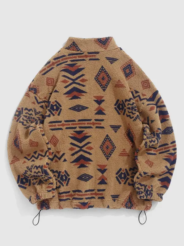Women's Vintage Ethnic Pattern Drawstring Zip Up Coat, Fashion Cozy Drop Shoulder Long Sleeve Full Zip-up Teddy Outerwear, Trendy Women's Clothes, Y2k Workwear Outfits Streetwear, Balkan School Outfits, Ethnic Clothing UK 7