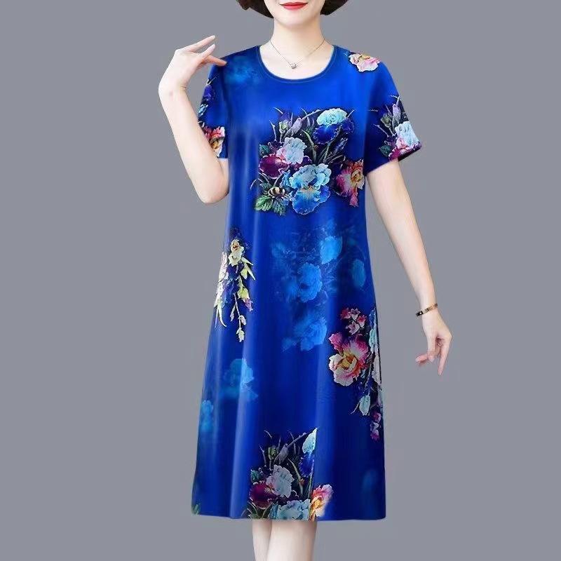 Váy Mùa Hè, Ngoại Cỡ, Cho Mẹ Trung Niên, Quá Gối, Vợ Và Mẹ TRUNG NIÊN Và CAO TUỔI, Váy ngắn Tay, Dáng Rộng Vừa Vặn, Thời Trang, Quần Áo Mùa Hè Nữ Women Dress Voan Đỏ 6