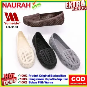 Sepatu Karet Wanita Lucu Bagus Yumeida LD 3101 Motif Tikar Coklat Shoes