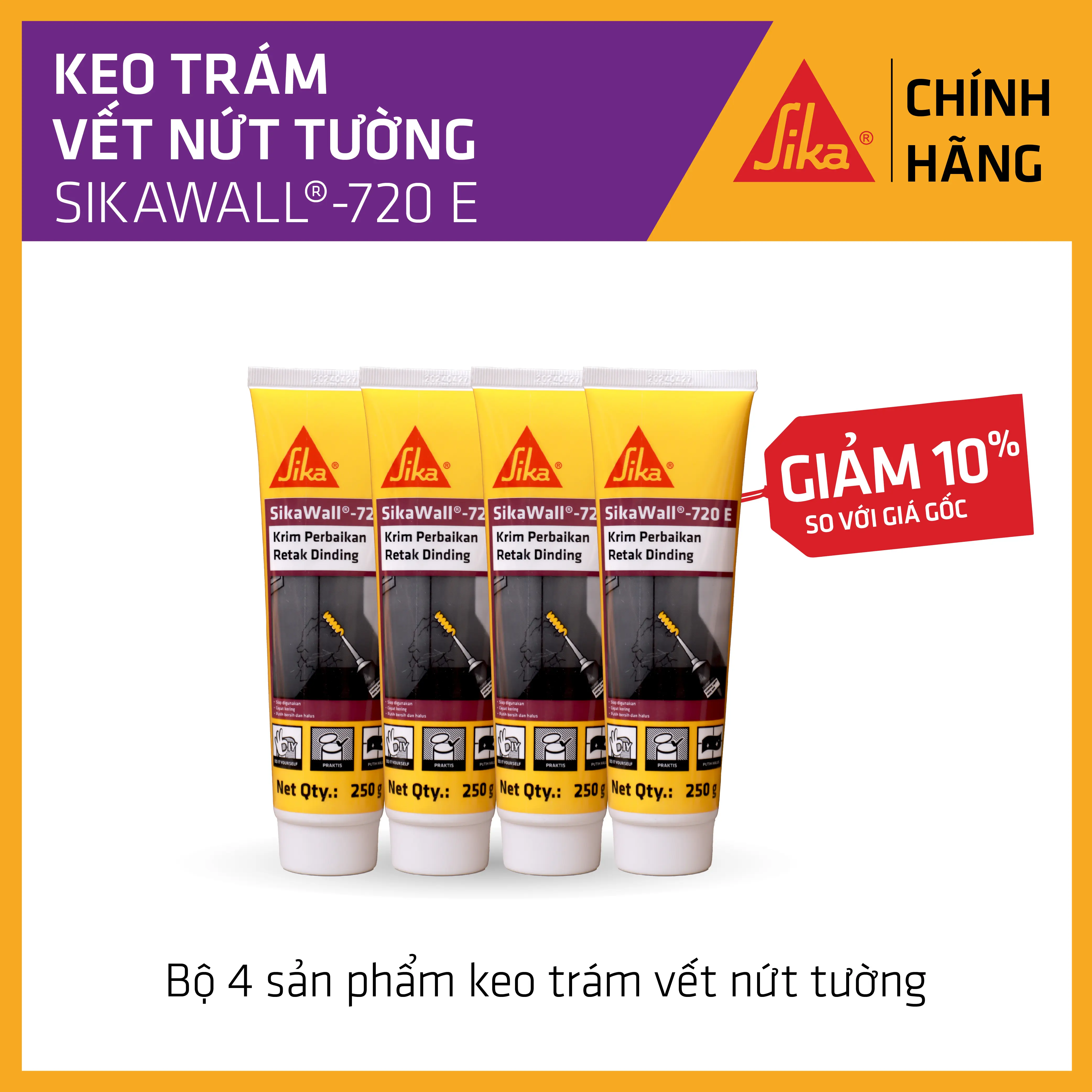 Sika - Bộ 4 sản phẩm keo trám vết nứt tường SikaWall - 720 E (250g)
