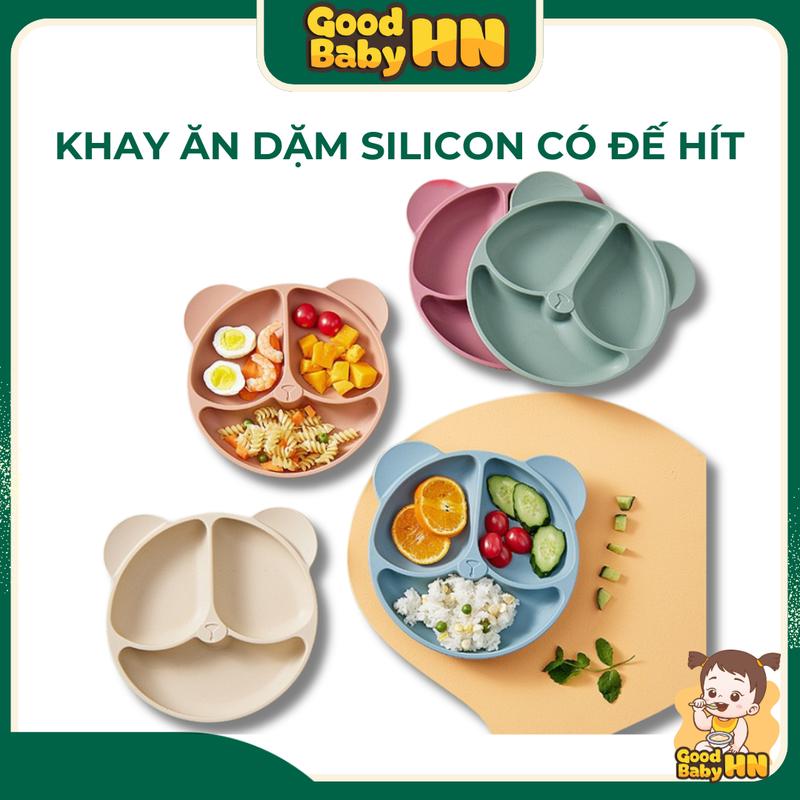 Khay ăn dặm silicon hình Gấu 3 ngăn (CÓ ĐẾ HÍT CHÂN KHÔNG) - D43