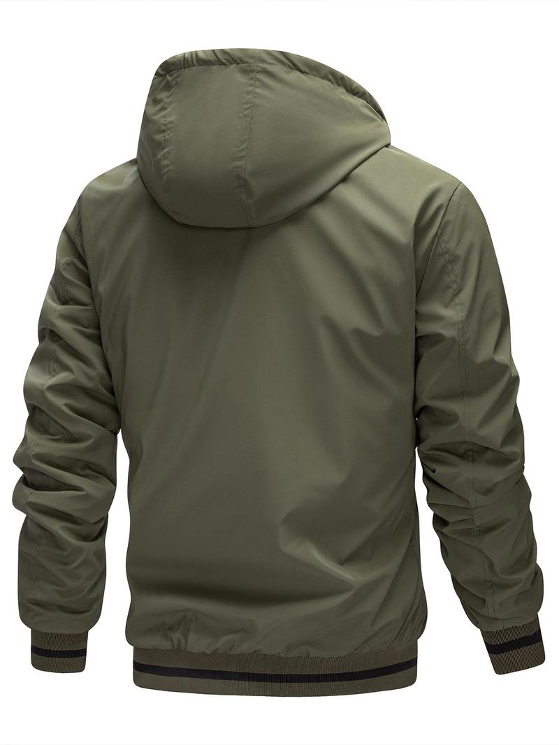 Product Introduction of Men's Solid Color Reversible Pocket Zipper Removable Hooded Jacket, Loose Casual Waterproof Windproof Drawstring Long Sleeve Outerwear for Fall & Winter, Men's Clothes for Daily Wear 5