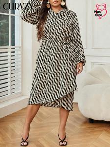 CURVZY Plus Size All Over Print Cowl Neck Wrap Dress, Elegant Bishop Sleeve Dress for Fall, Women's Clothes for Daily Wear