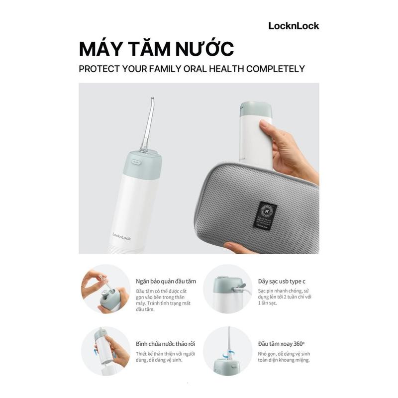 Máy Tăm Nước LocknLock Cầm Tay Không Dây 3 Chế Độ Chính Hãng Màu Xanh Mint 170 ML ENR116MIT T2C Mall Women Nữ 4