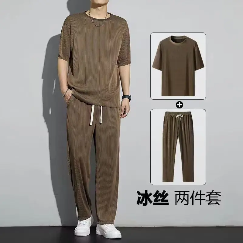 Bộ Đồ Thể Thao Lụa Lạnh Dành Cho Nam Giới, Mỏng Và Thường Ngày, Quần, Áo ngắn Tay Áo, Phong Cách Ins, Nhanh Khô, Bộ Quần Áo Xếp Nếp, Thích Hợp Cho Mùa Hè, Năm 2023, Bán Chạy Tại Cửa Hàng 5