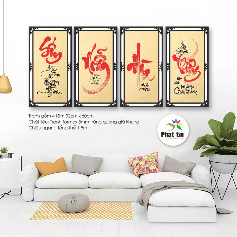 decor phòng khách hiện đại bằng tranh chữ thư pháp combo 4 bức tráng gương dán tường không khung sẵn keo dán 3M không cần khoan tường trang trí nhà cửa decor tường phòng khách