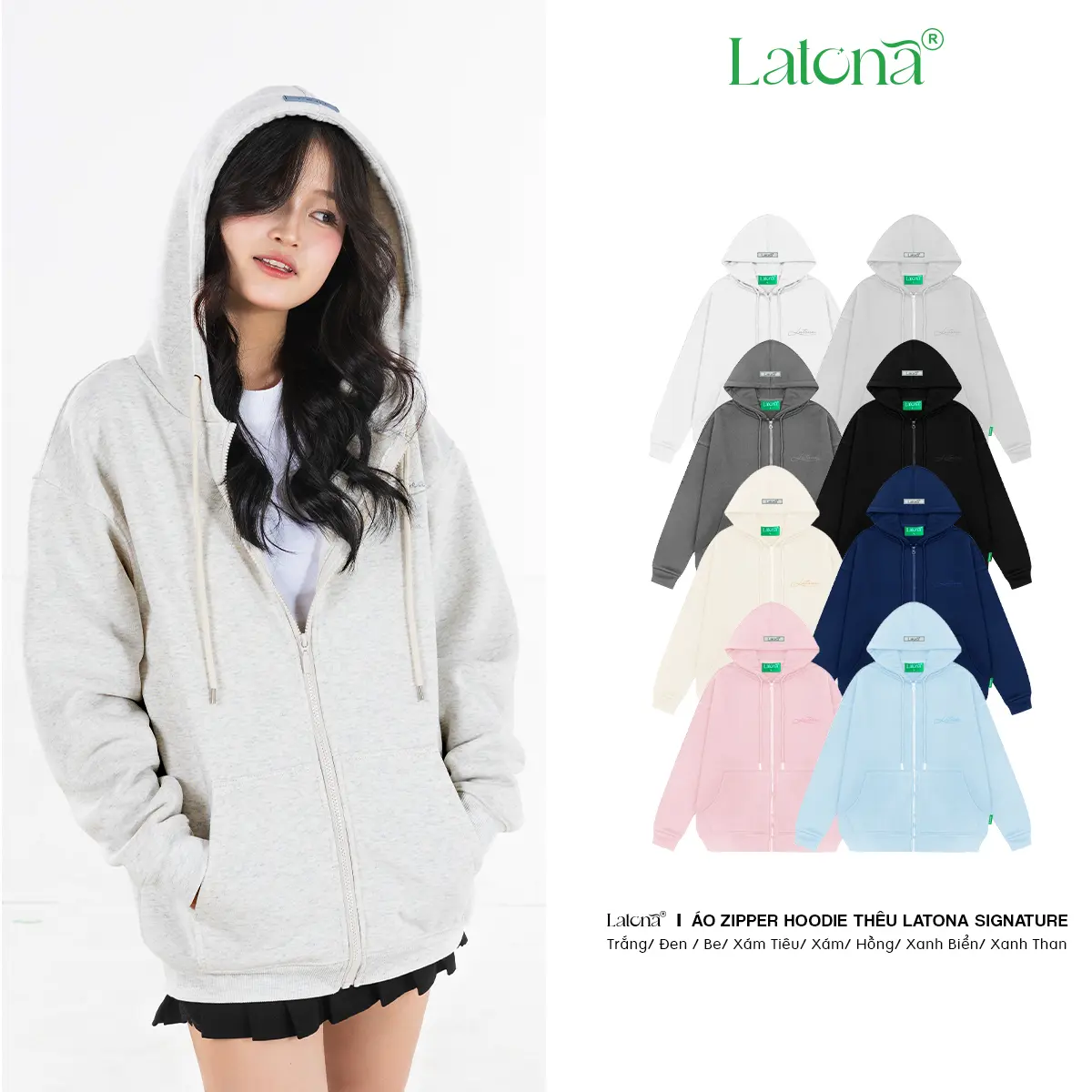 Áo khoác Nỉ Cotton 350gms Hoodie Zip Form Rộng thêu Latona Signature Unisex Nam Nữ Local Brand