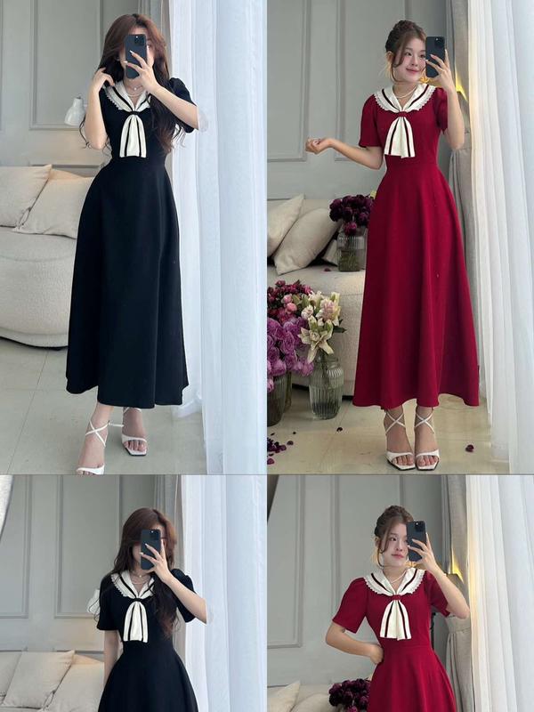 váy cà vạt viền ren chiết eo thanh lịch t170