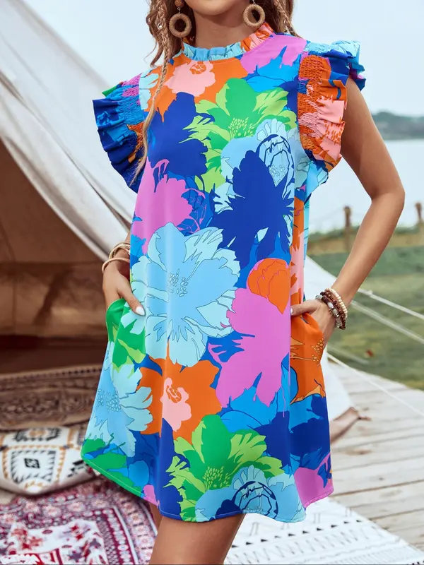 Women's Floral Print Frill Trim Shirred Ruffle Trim Dress, Casual Butterfly Sleeve Mock Neck Short Dress for Summer, Women's Clothing for Beach Holiday, Dresses for Women 2