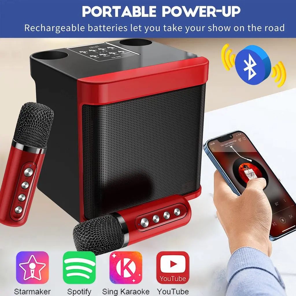 Karaoke Black bluetooth speaker with microphone wireless microphone speaker portable mini speaker dual mic Bookshelf Speakers USB Computer Speakers Audio Button Cable Charging Plastic Connection Mobile Smartphone Chargeable