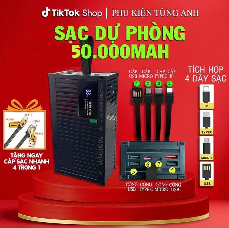 Sạc Dự Phòng Contener 50000mAh Tích Hợp 4 Dây Ra Tặng Cáp sạc nhanh đa năng PD 27W 4 trong 1 Bảo Hành 6 Tháng  Sạc Nhanh Sạc Pin Pin Dự Phòng   sạc manual  phone charger