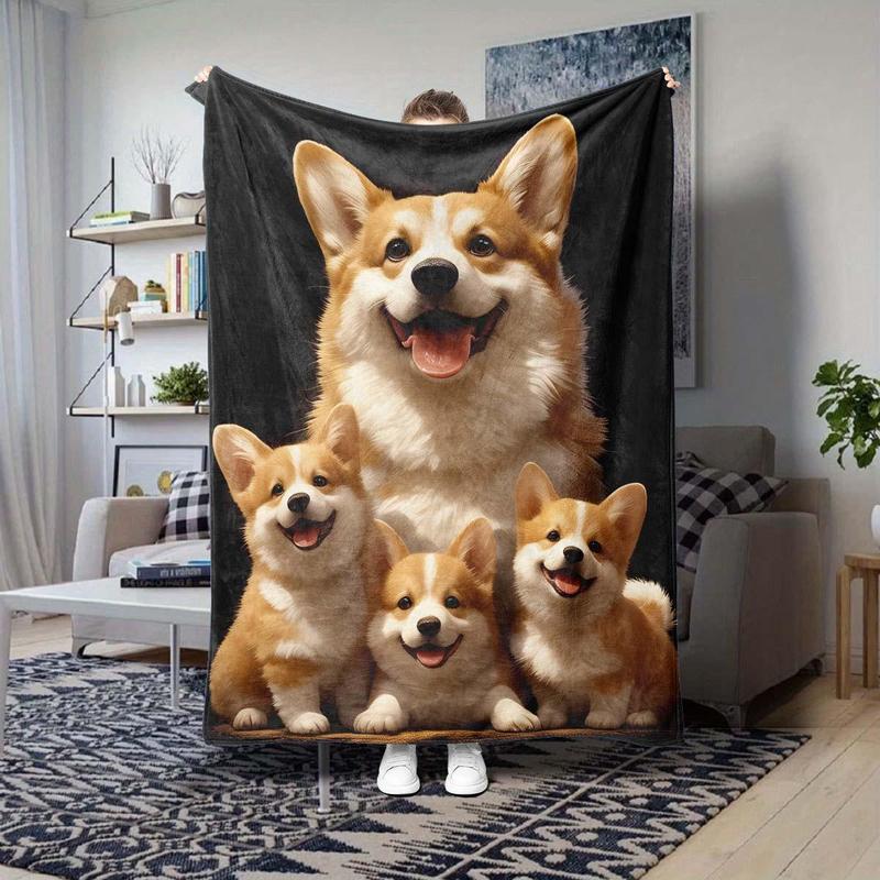 Cute Corgi Family Pattern Blanket, 1 Count Soft Throw Blanket, Air-conditioned Room Blanket, Warm Nap Blanket for Home & Office 0